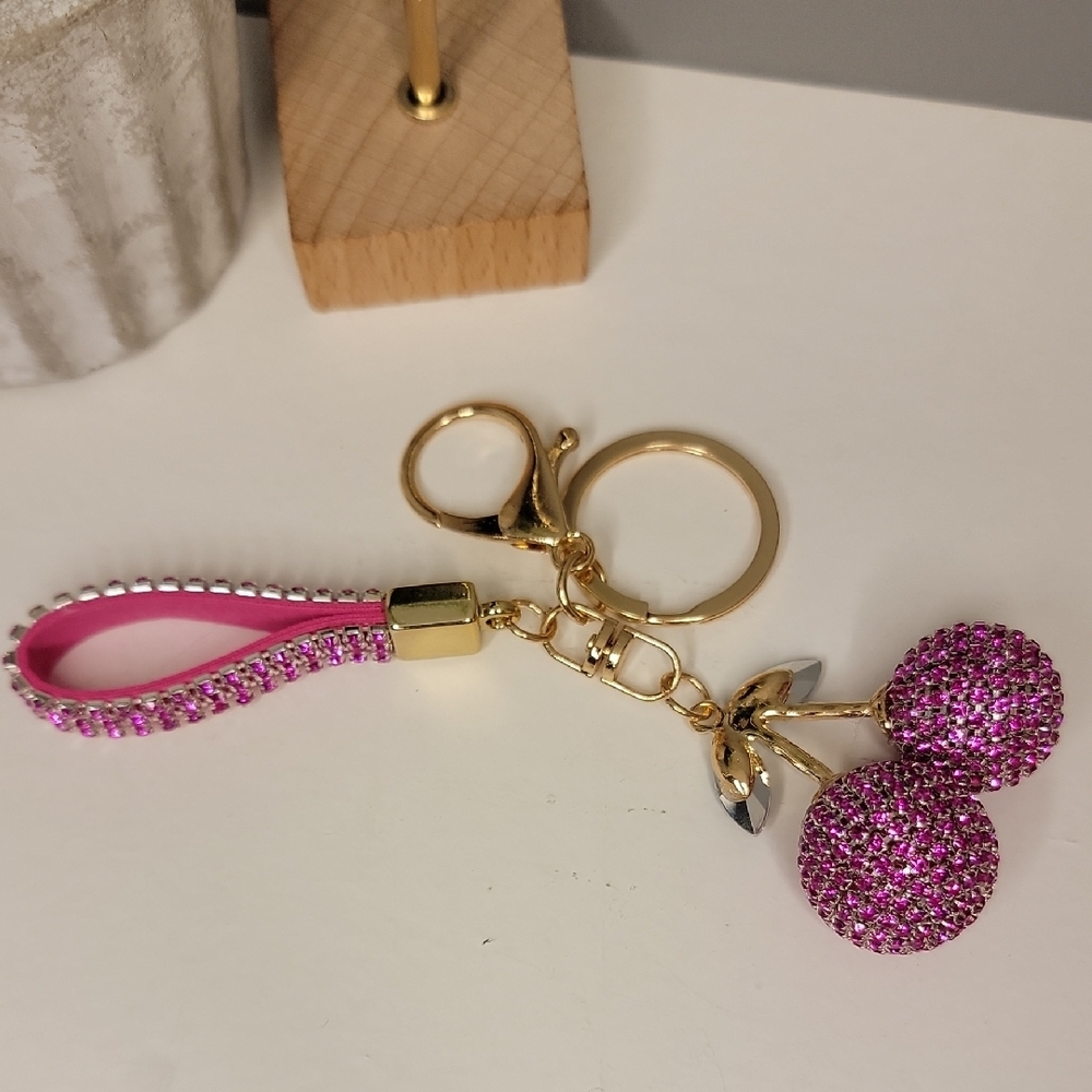 Pink Cherry Rhinestone Keychain Bag Charm - Picture 4 of 8
